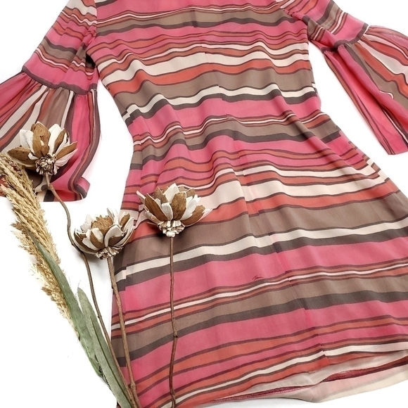 Trina Turk Sheer Pink Bell Sleeve Striped Boho Dress 2 - Picture 2 of 16